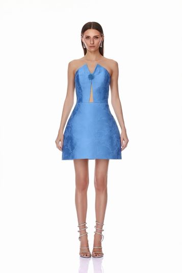 Blue Strapless Mini Evening Dress with Brooch